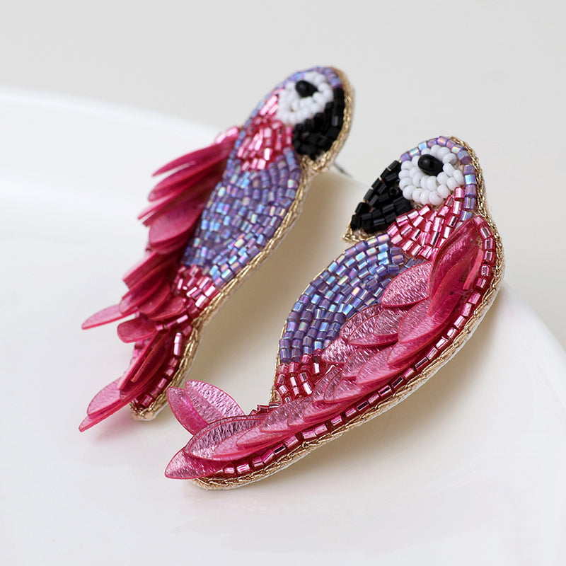 Embellished pink, lilac parrot earrings