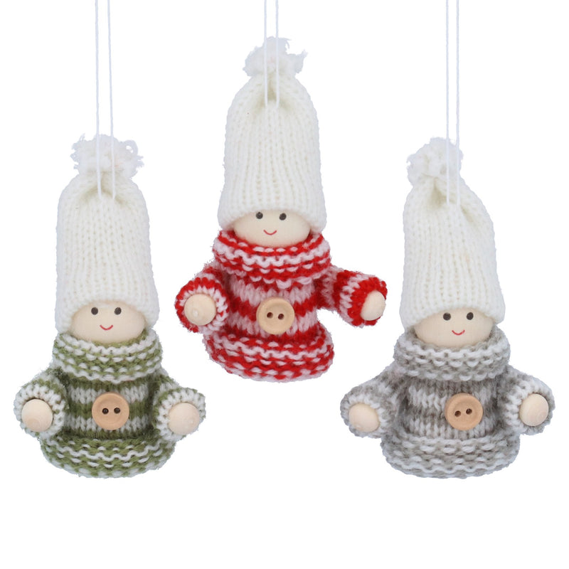 Green, Red or Grey Knit and Wood Scandi Girl Decoration