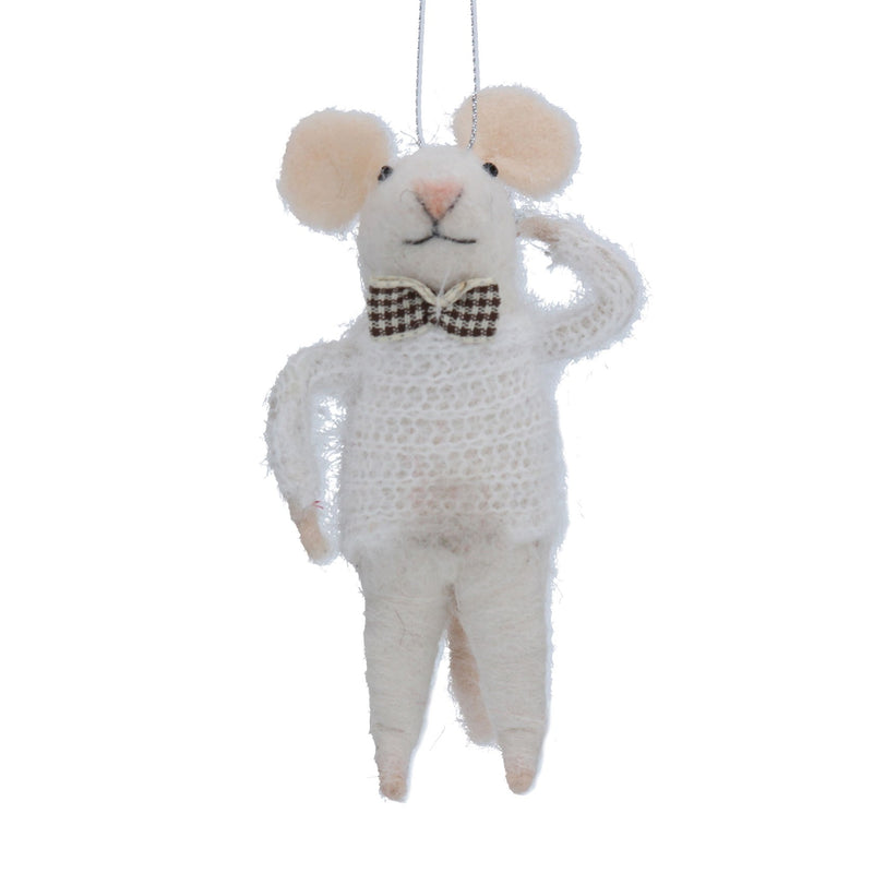 Wool Mix White Mouse w Bow Tie Dec,  (LxWxD) 10x6x8cm