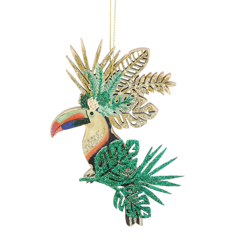Wood Toucan with Glitter Leaves Decoration