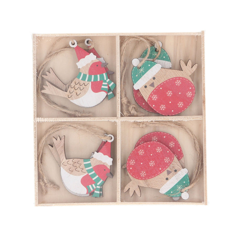 Box of 8 Wooden Robin Decoration