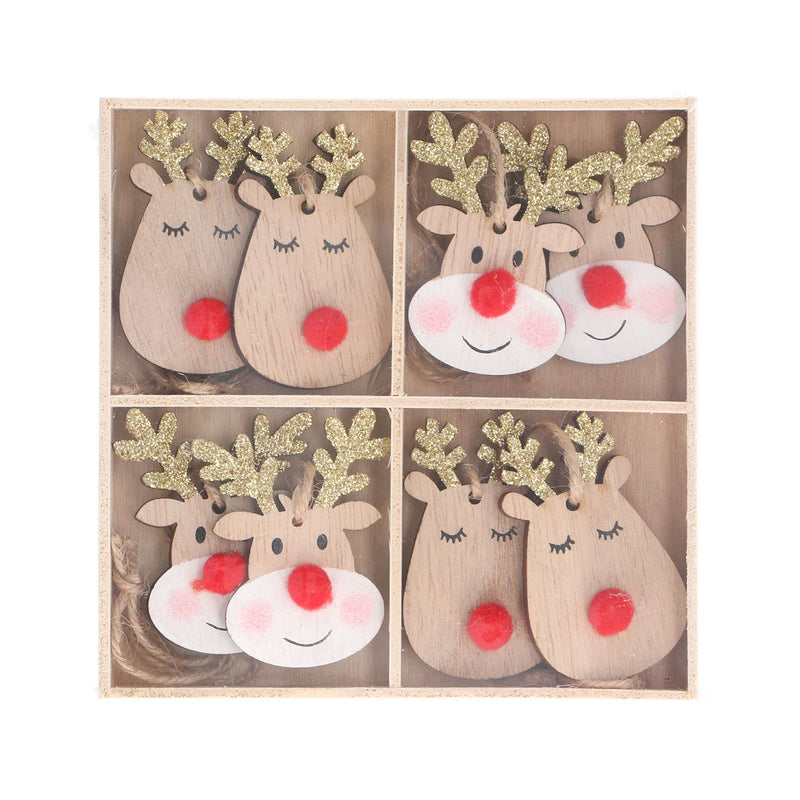 Box of 8 Wooden Reindeer Head Decoration