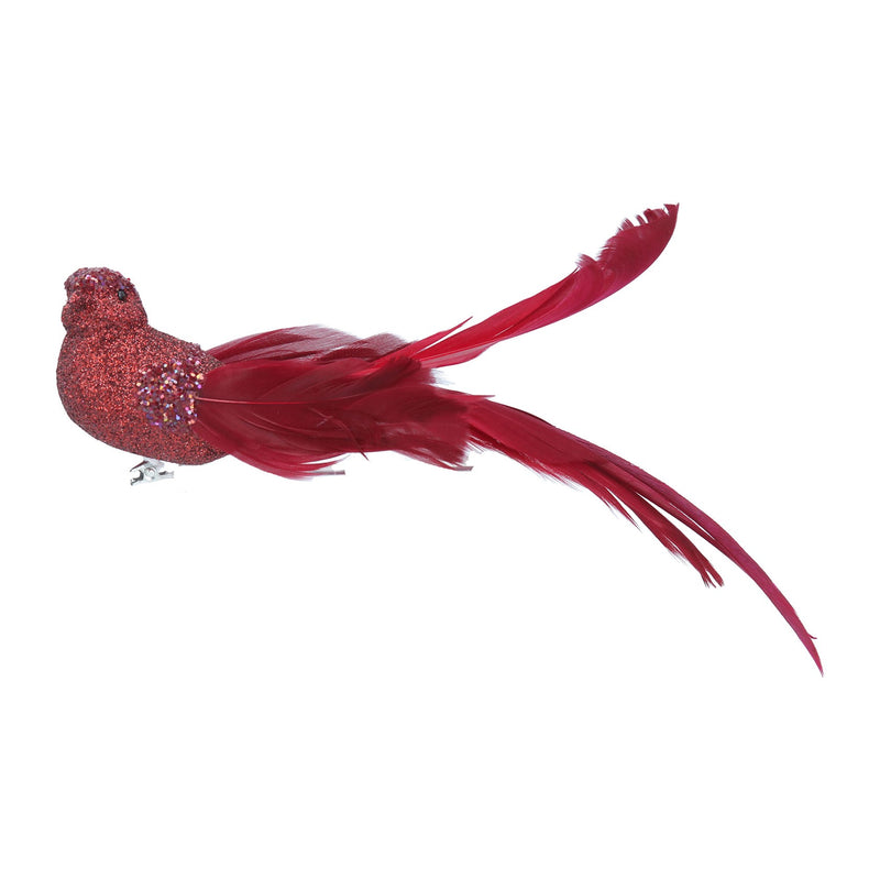 Clip on Bird 5cm - Burgundy Glitter w Feather Tail