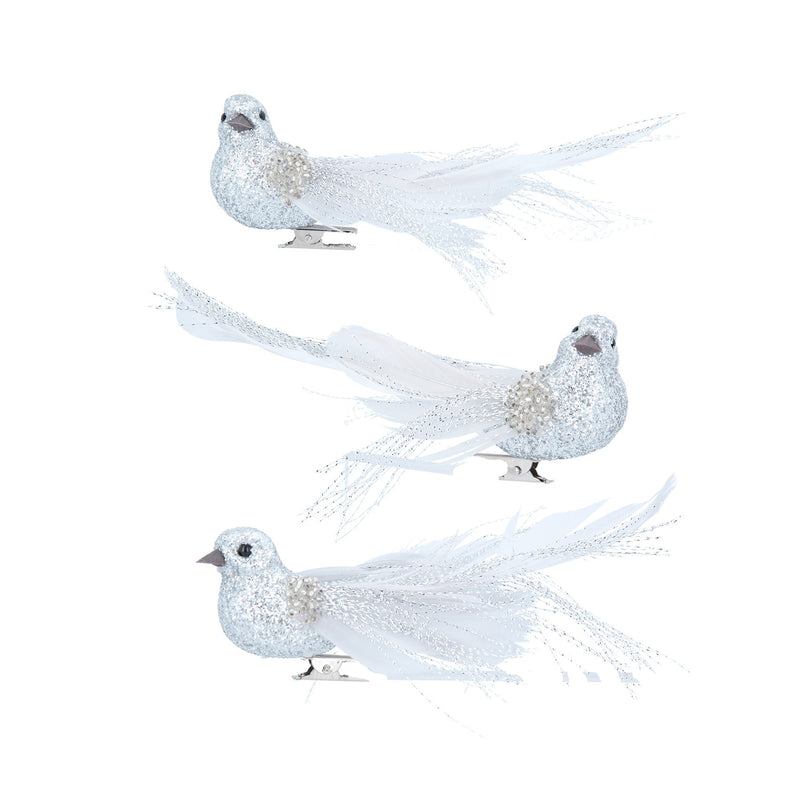 Clip on Bird 5cm - White Glitter/Feather, 3as