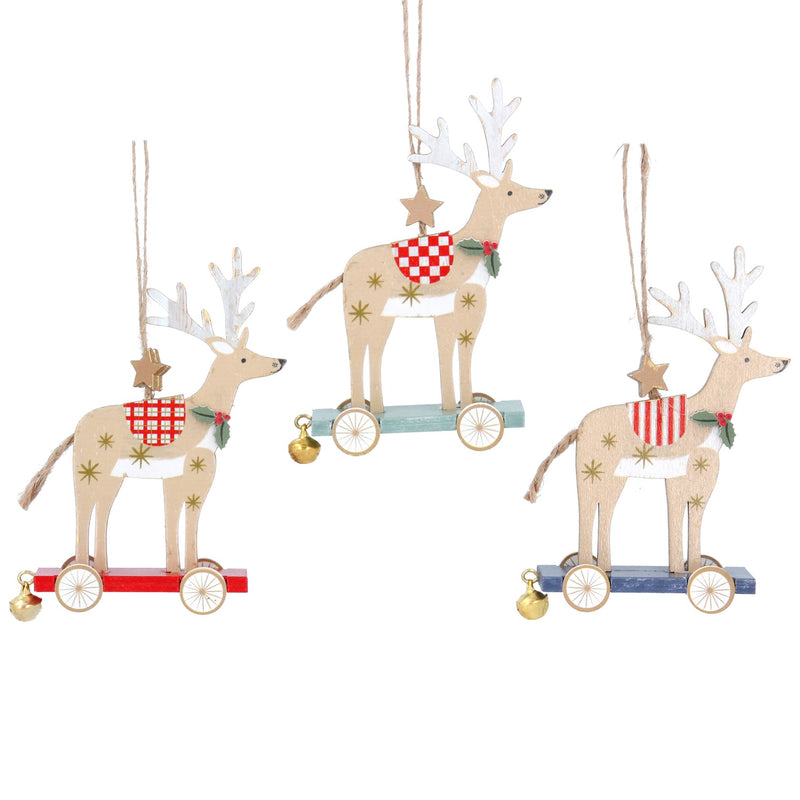 Wood Reindeer on Wheels Dec, 3as