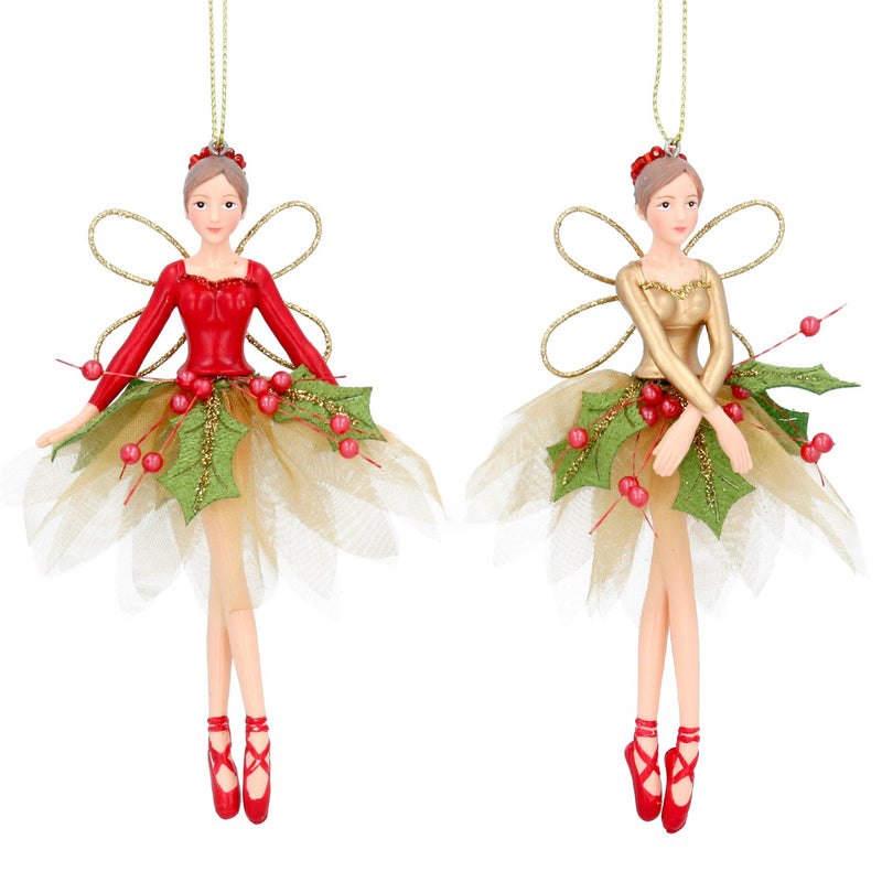 Red Green and Gold Holly Hanging  Fairy Decoration