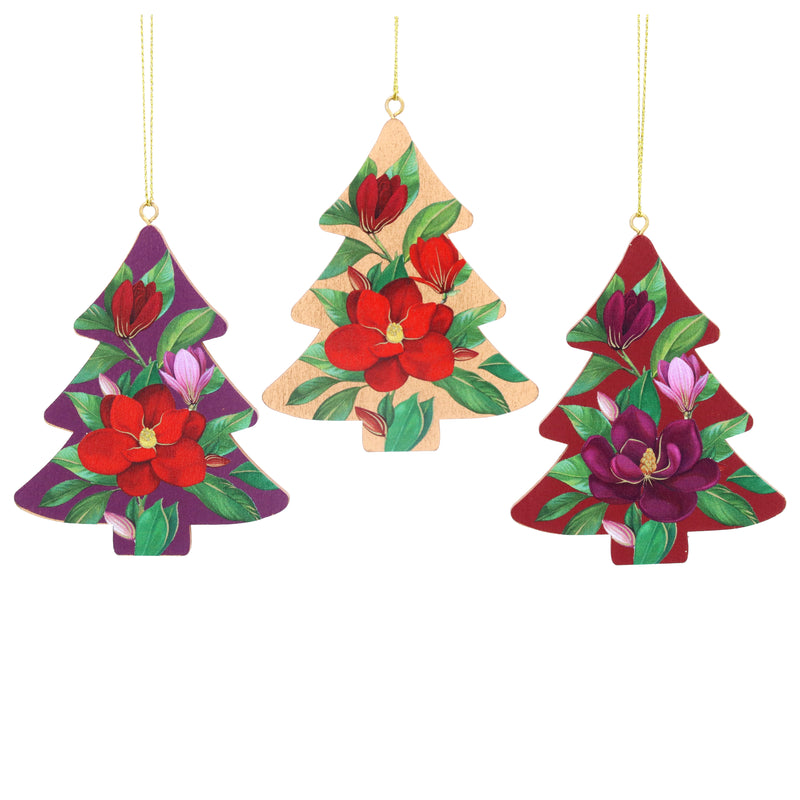 Redpurple and Gold Wooden Magnolia Christmas Tree Decoration