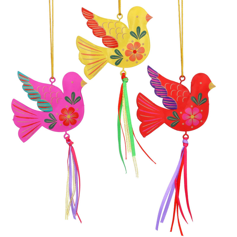 Floral Tin Bird with Ribbon Decoration