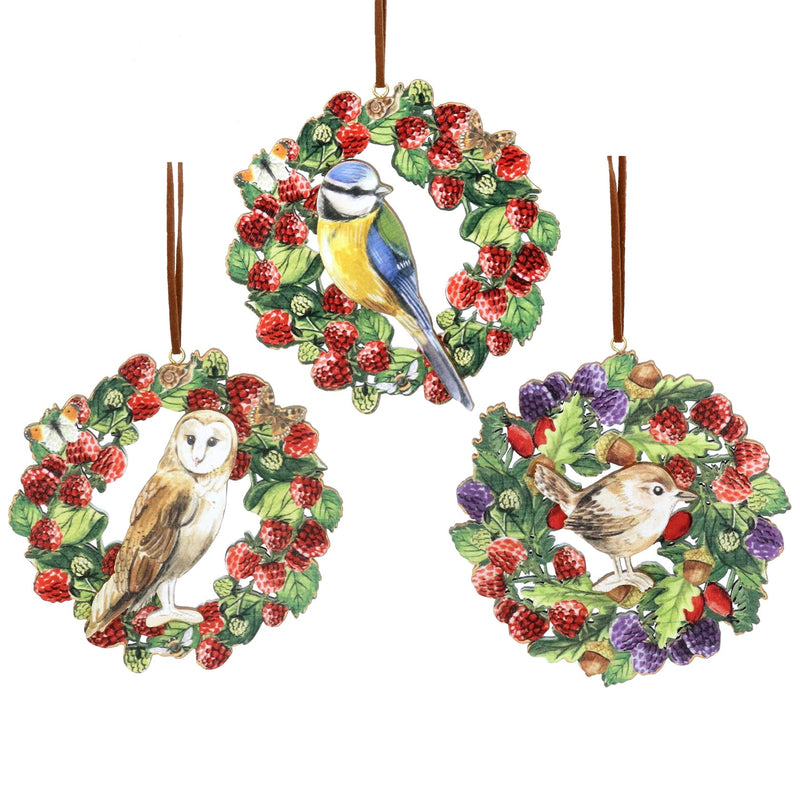 Wooden Owl Wren and Blue Tit with Berries Decoration