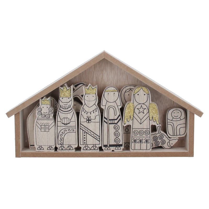 Natural Wood Nativity Figures in House Orn