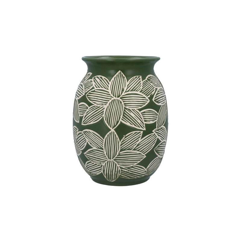 Stoneware Decorative Vase with Green Etched Flowers