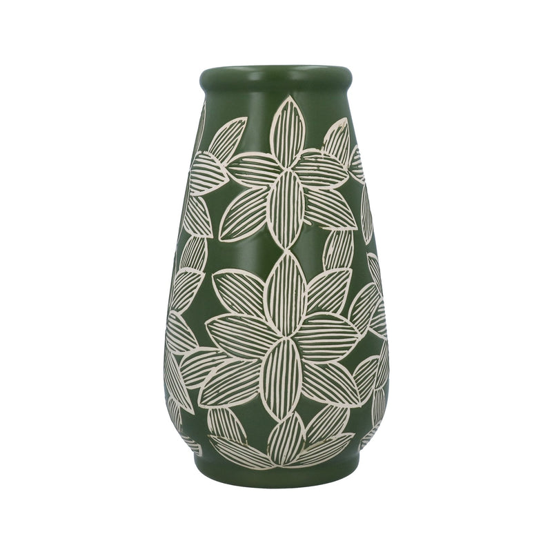 Stoneware Decorative Vase with Green Etched Flowers