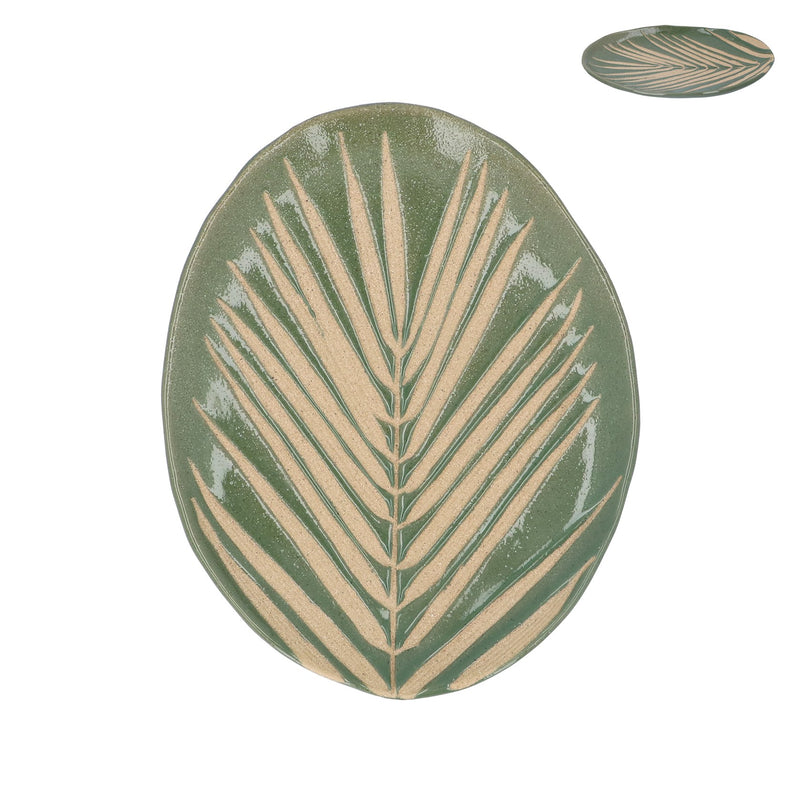 Green Palm Leaf Stoneware Oval Plate