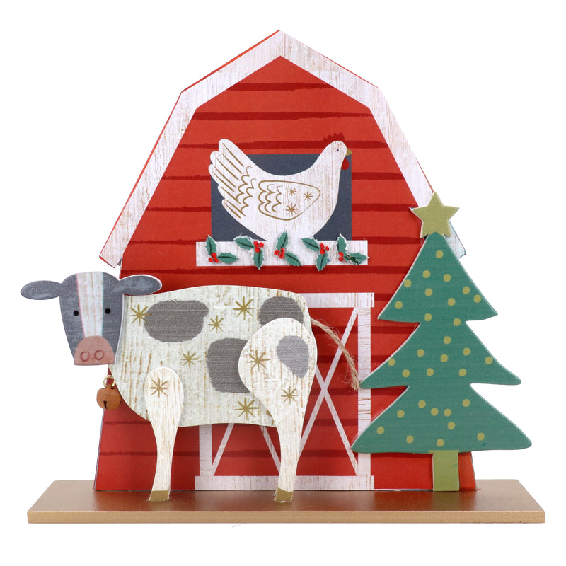 Wooden Red Barn with Cow Henand Tree Ornament