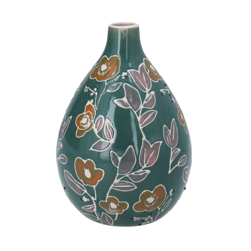 Teal Floral Stoneware Vase