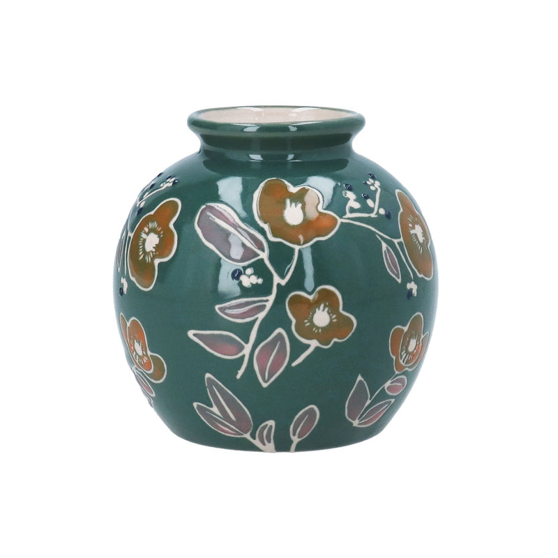 Teal Floral Stoneware vase