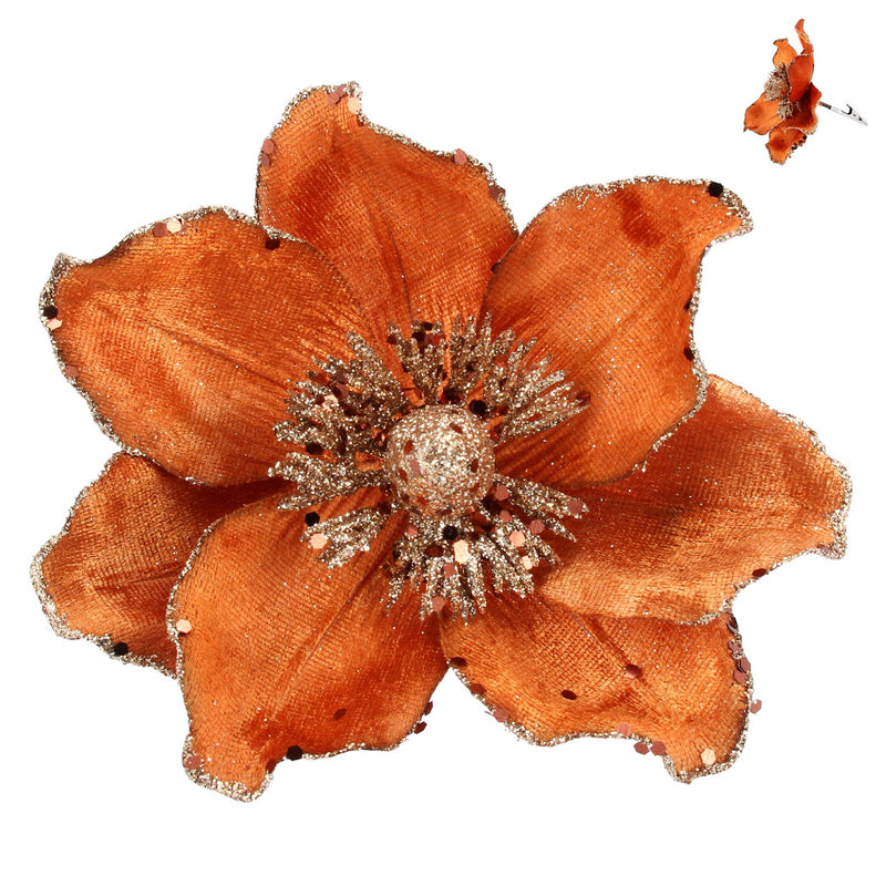 Orange Fabric Magnolia Clip with Glitter