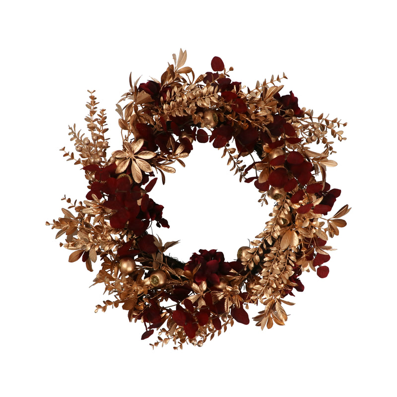 Matt Gold Leaf and Berry Wreath with Burgundy Flowers