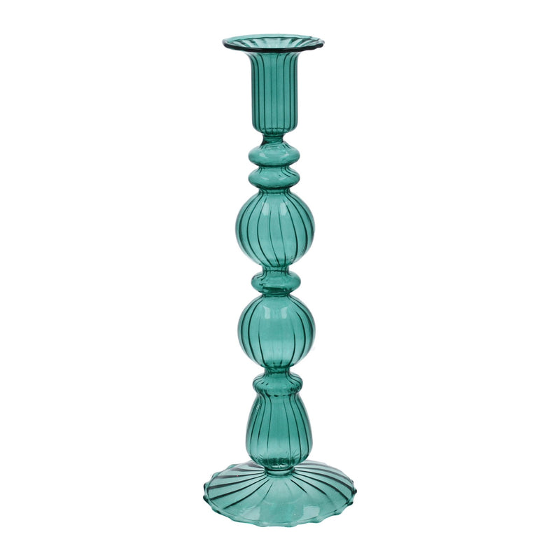 Clear Turquoise Double Ball Glass Candlestick