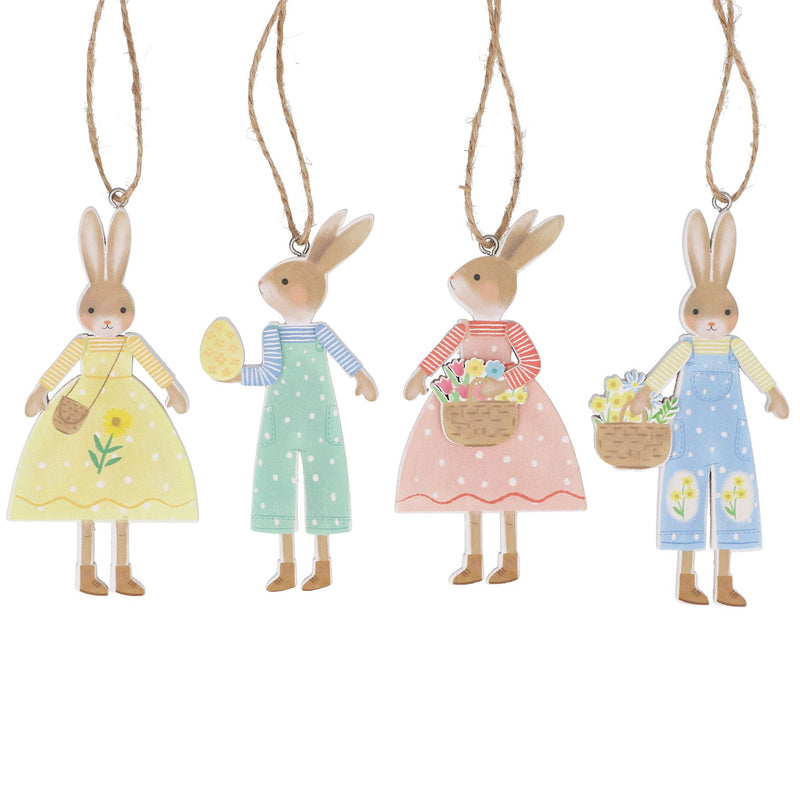Mr/Mrs Dressed Bunny Wood Hanging Dec 10cm - Pastel , 4as