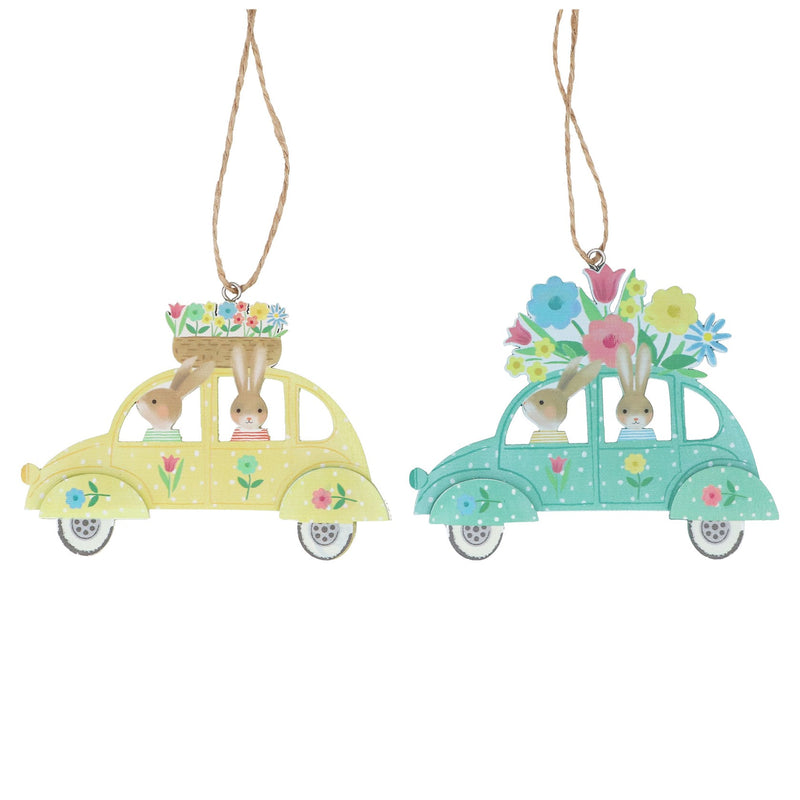 Wooden Bunny in Flower Car Hanging Decoration