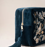 Elizabeth Scarlett Botanical Birds Velvet Makeup Bag - Ink Blue