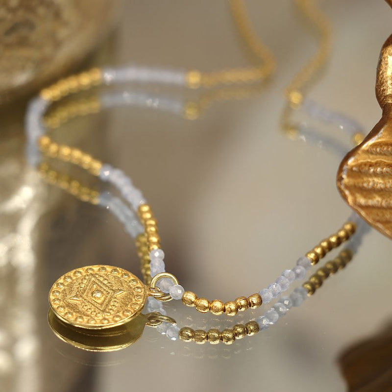 Gold plated and chalcedony bead medallion necklace