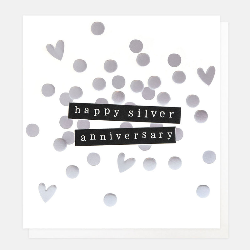 HAPPY SILVER ANNIVERSARY TICKER TAPE ON SILVER CONFETTI