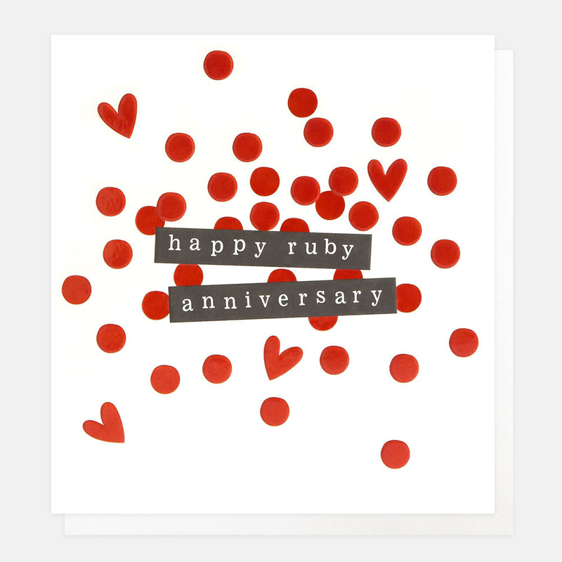 HAPPY RUBY ANNIVERSARY TICKER TAPE ON RED CONFETTI