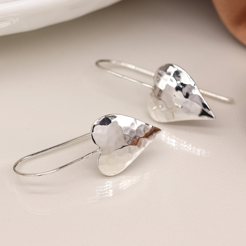 Sterling Silver Hammered Heart Drop Earrings