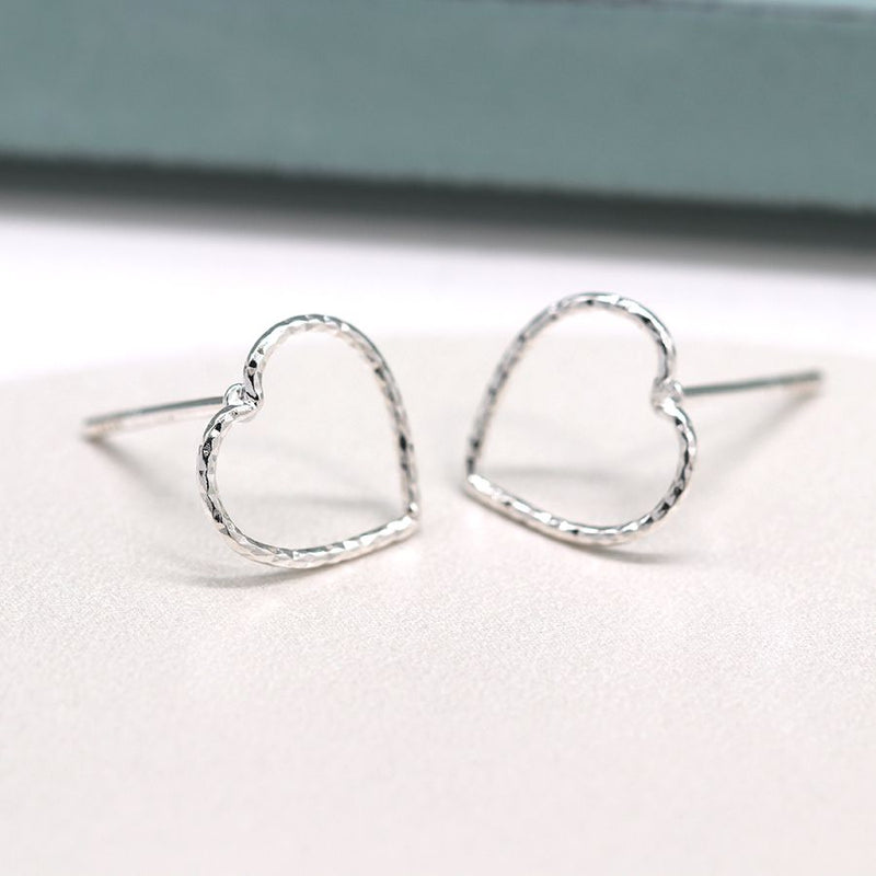 Sterling silver textured wire heart stud earrings
