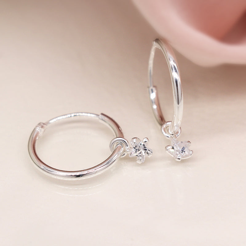 Sterling silver creole hoop earrings with CZ stars