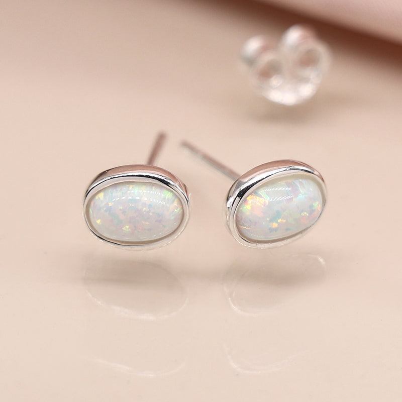 Sterling silver white opal oval stud earrings