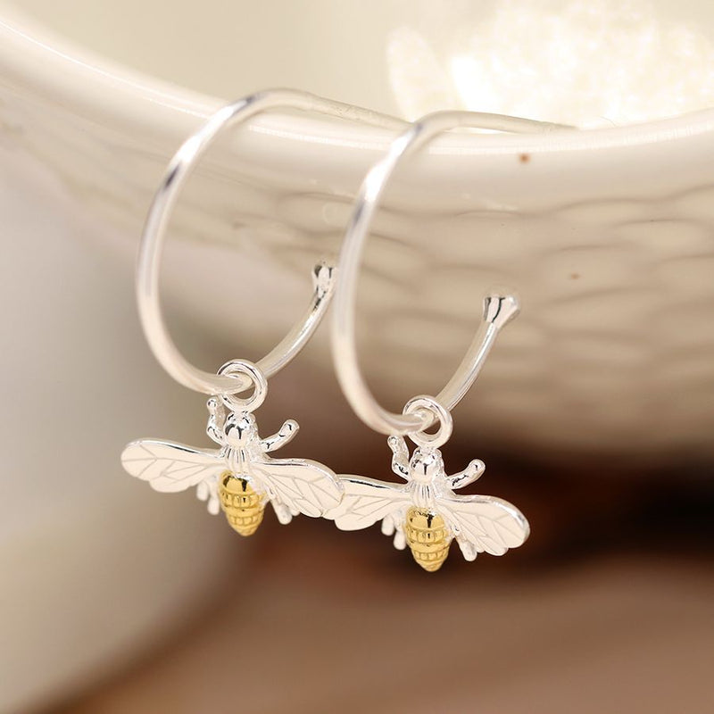 Sterling silver open hoop and bee earrings with gold