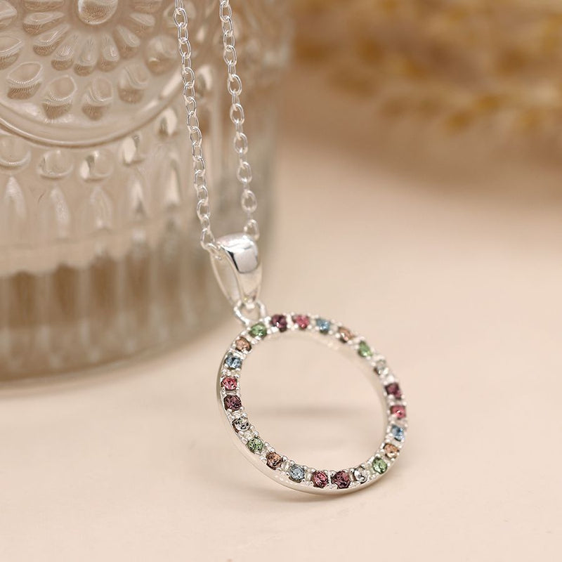 Sterling silver and rainbow rhinestone circle necklace