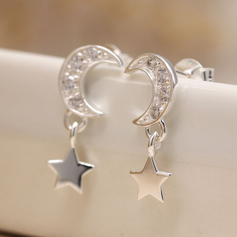 Sterling silver crystal moon and star drop earrings