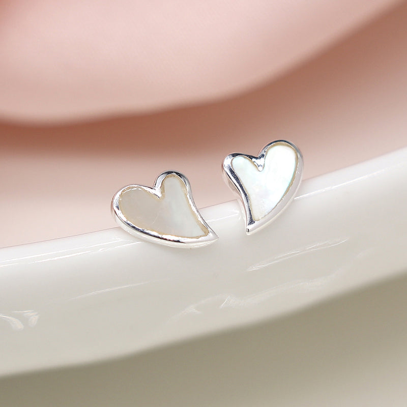 Sterling silver mother of pearl heart stud earrings