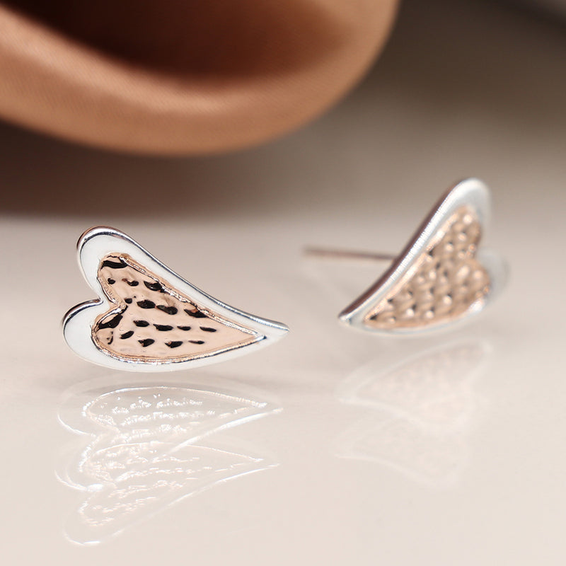 Sterling silver and rose gold textured heart stud earrings