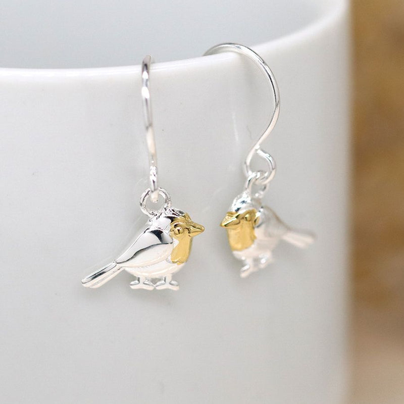 Sterling silver and gold robin drop earrings