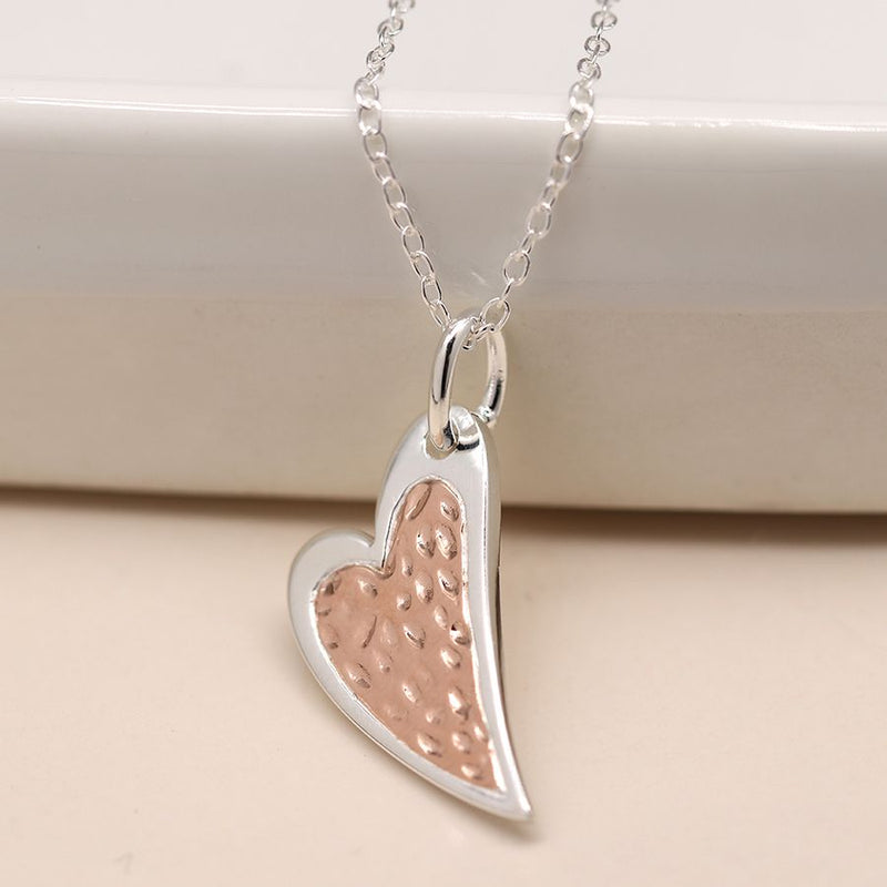 Sterling silver and rose gold textured heart necklace