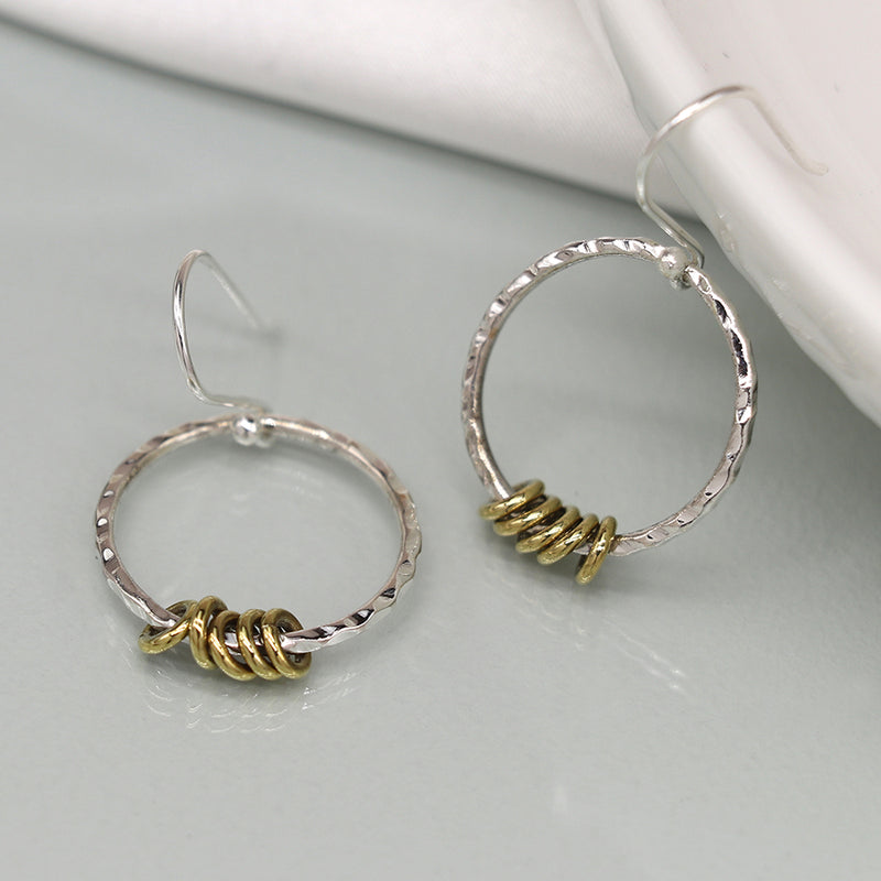 Sterling Silver Hammered Hoop Drop Earrings with Tiny Brass hoops