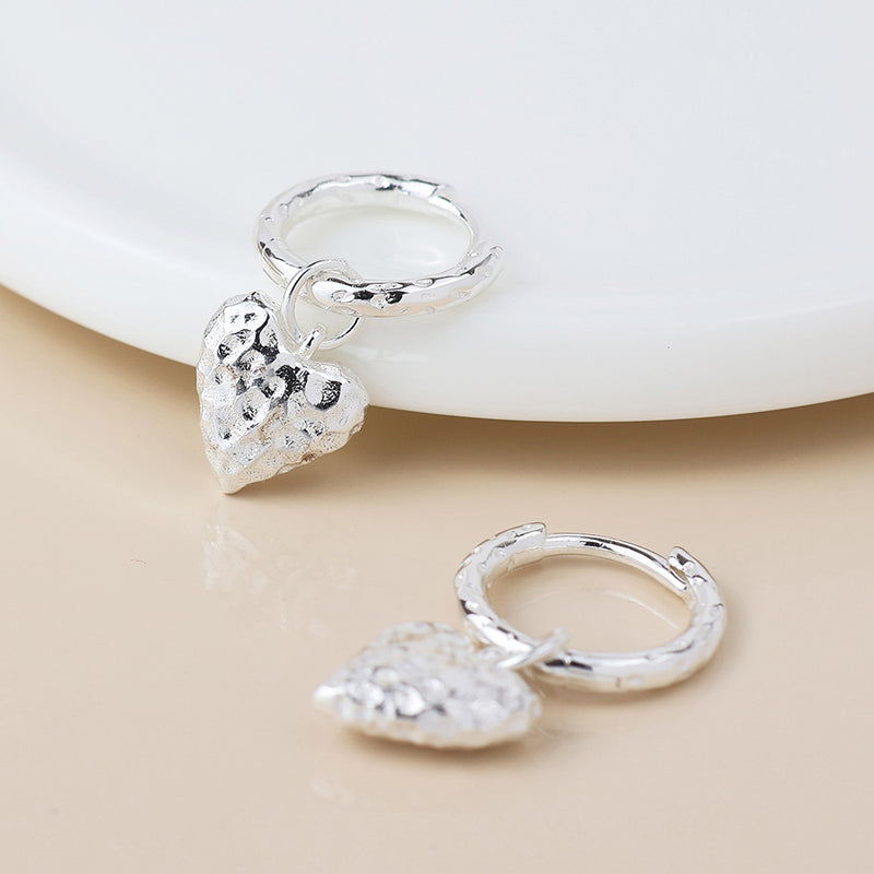 Sterling silver hammered hoop and heart earrings