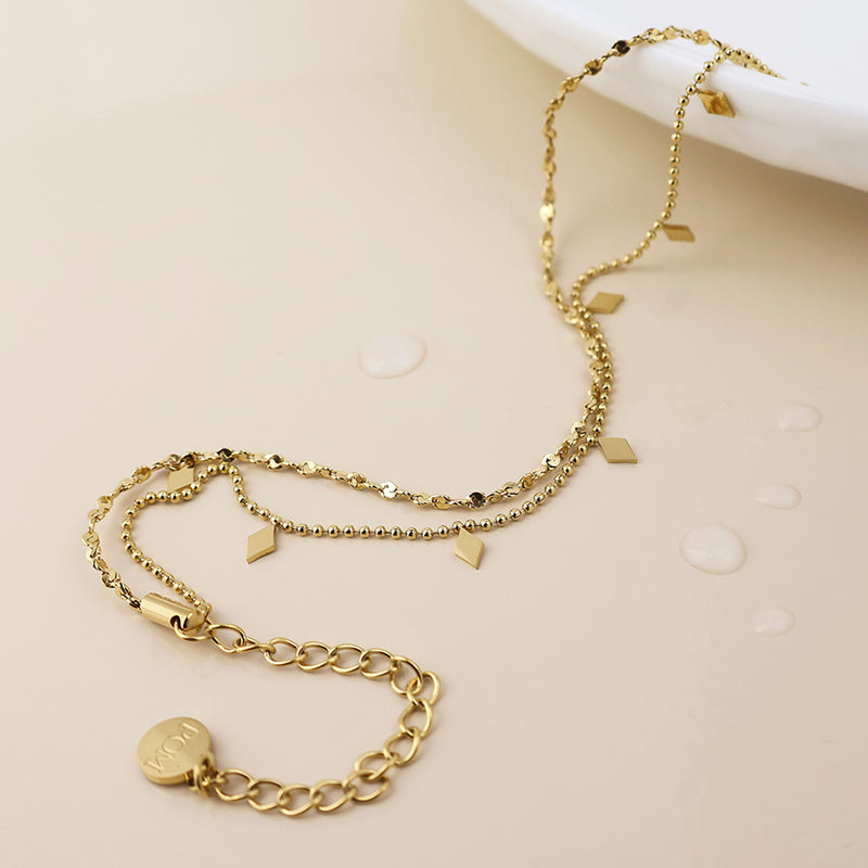 Waterproof gold plated layered chains and diamond charms bracelet