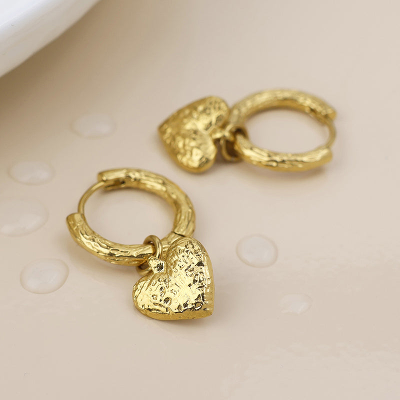 Waterproof gold plated textured hoop and heart earrings