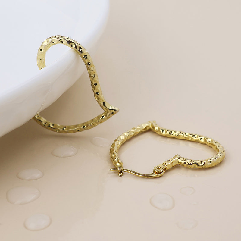 Waterproof gold plated beaten heart hoop earrings