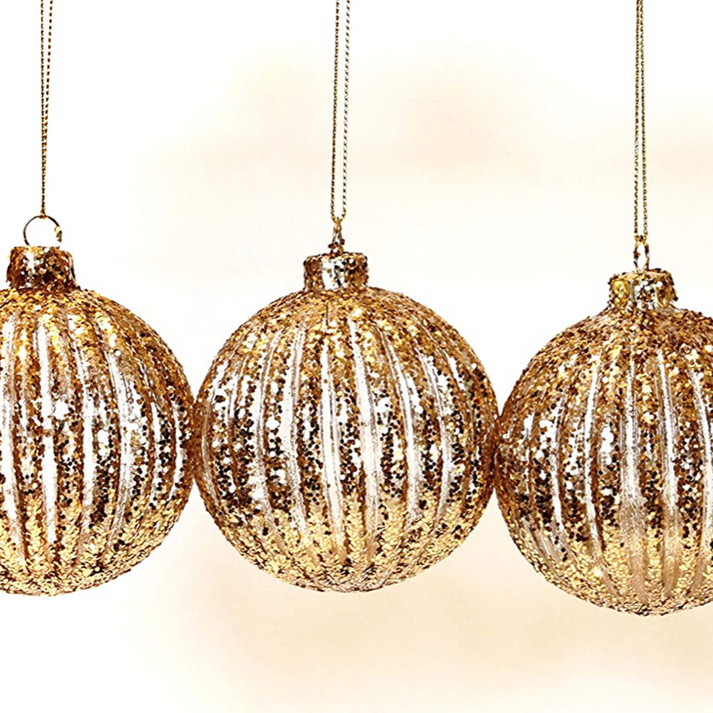 Ribbed Gold bauble decorated with glitter