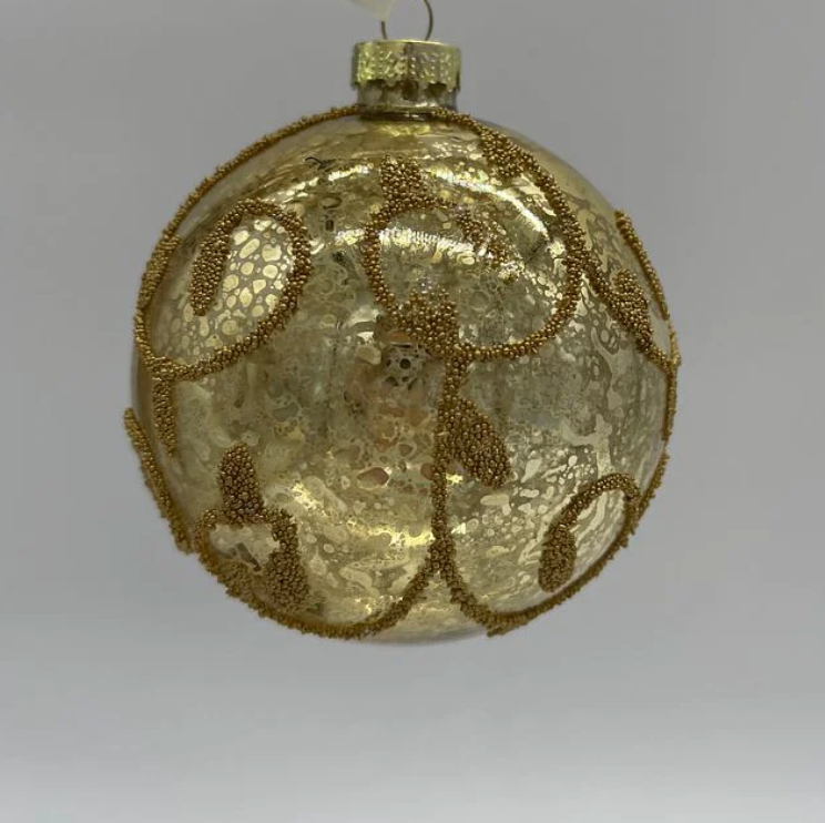 Mirrored mottled  Gold bauble with gold beading detail