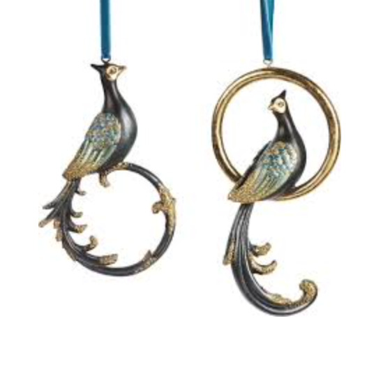 peacock tree decoration sitting on gold hoop