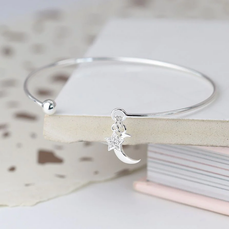 Sterling Silver Bangle with moon and stars