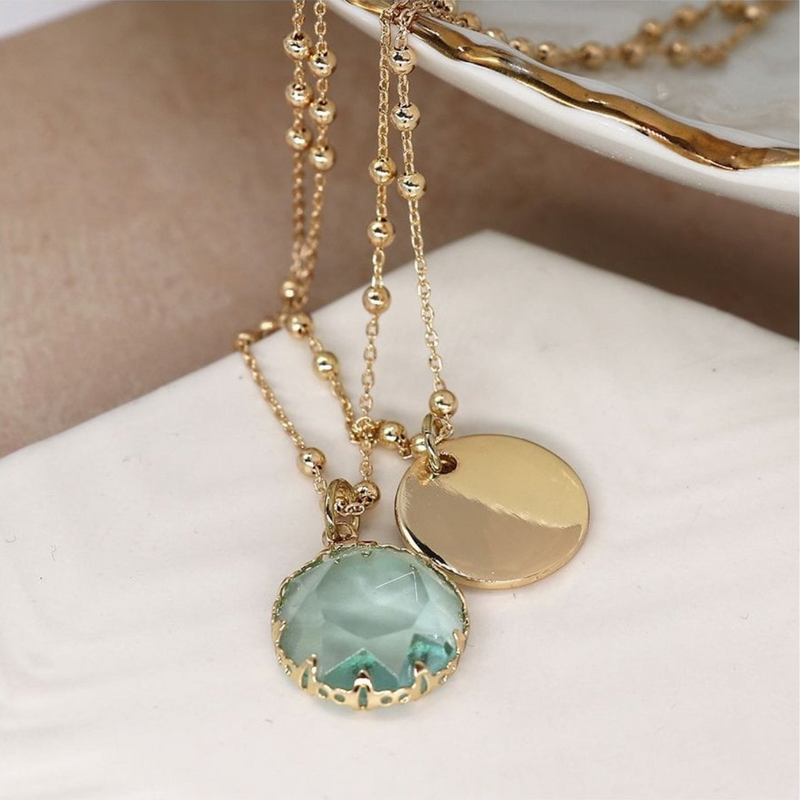 Golden Layered Disc and Aqua Crystal Necklace